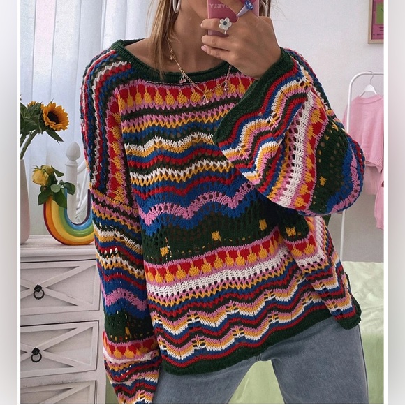 Oversized Chevron Pattern Open Drop Shoulder Sweater - Picture 4 of 10